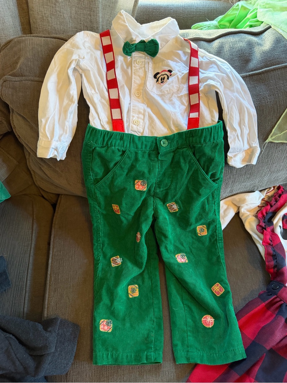 Disney Christmas Mickey Green Corduroy Suspender Set for Kids 18/24months